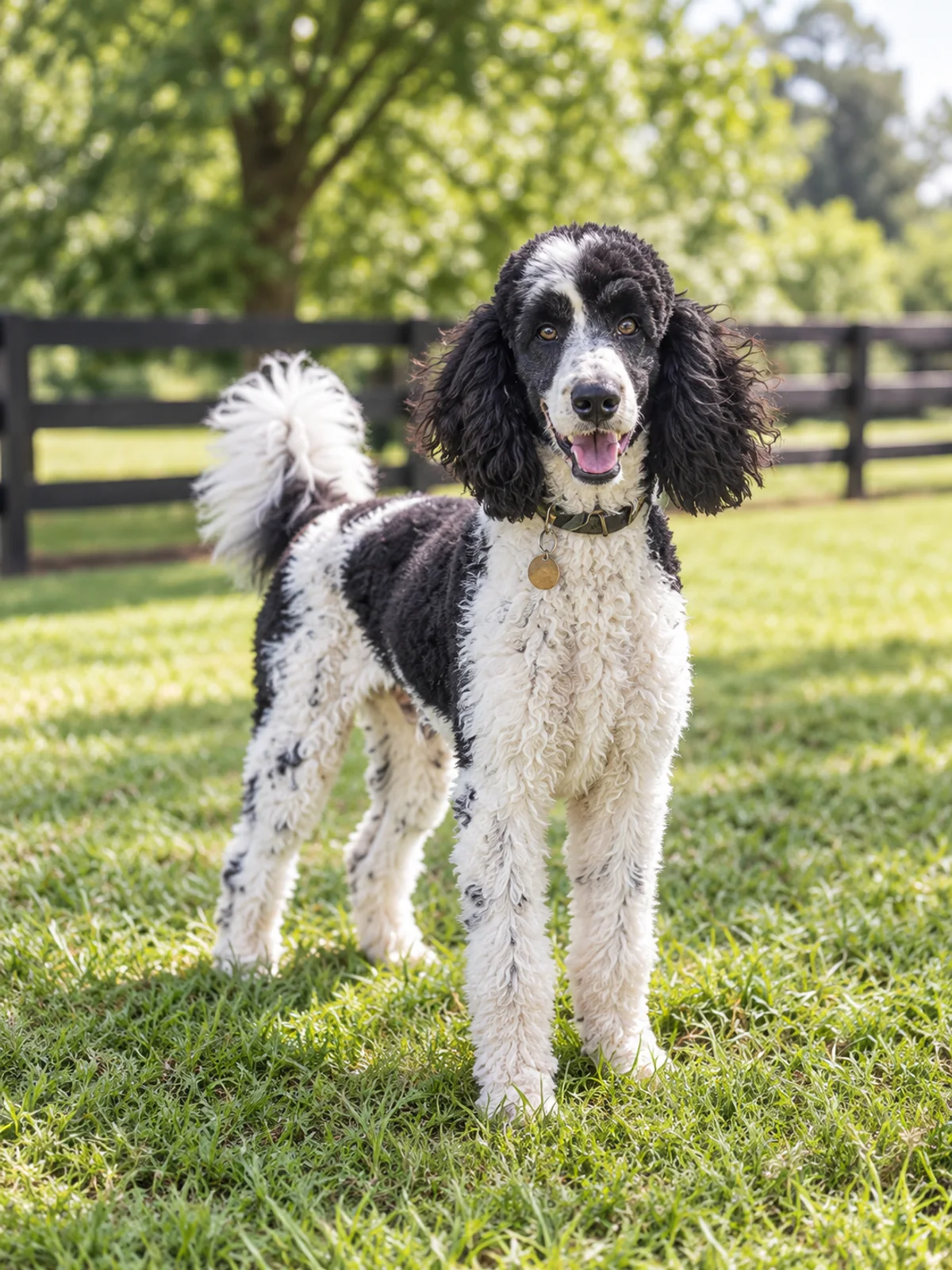 A black-and-white Standard Poodle standing in a sunny fenced yard at Lake Wylie Dog Boarding