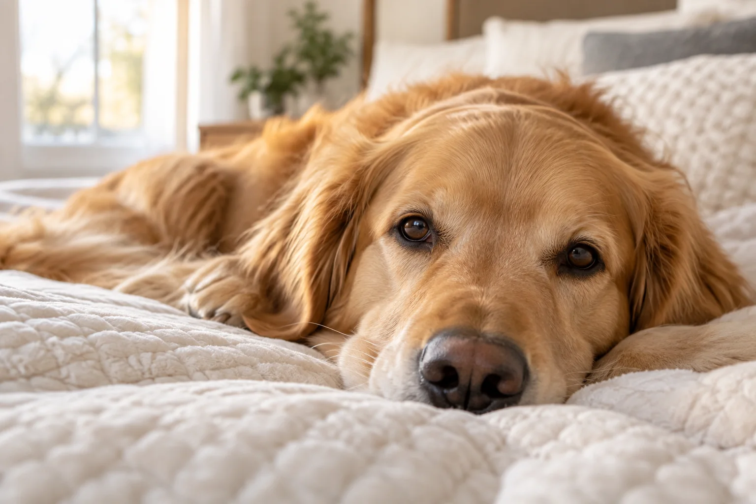 Golden retriever resting on a soft ivory quilt