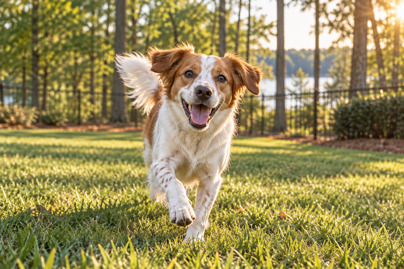 Happy brown and white dog running across a grassy fenced yard