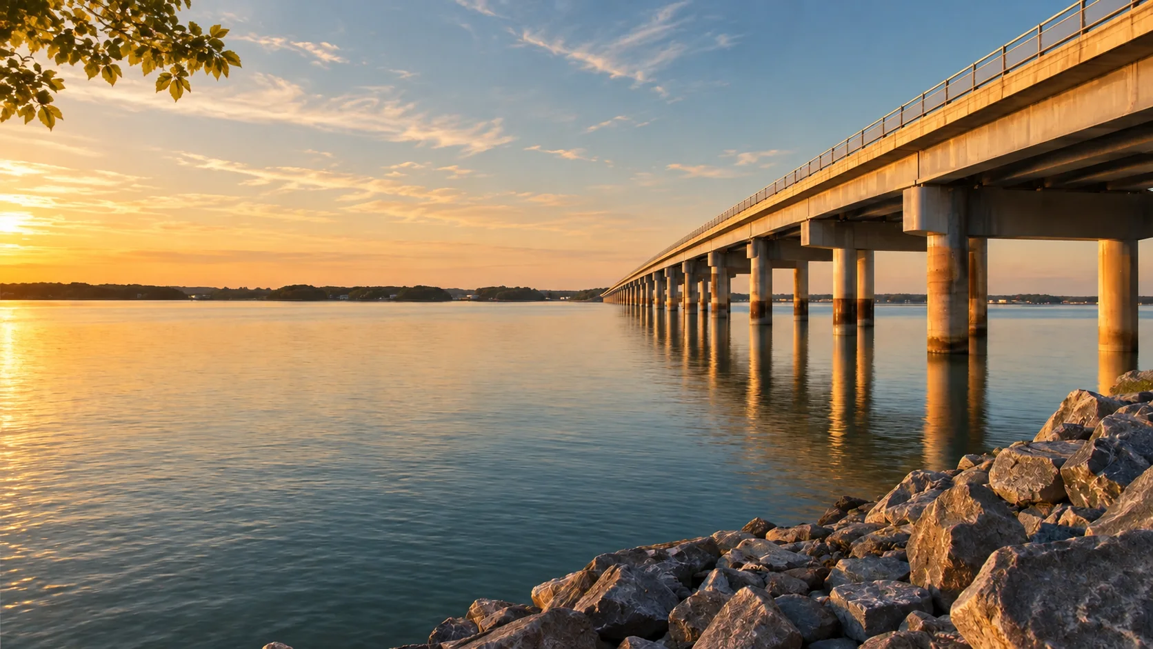 Warm view of the Lake Wylie bridge over the water